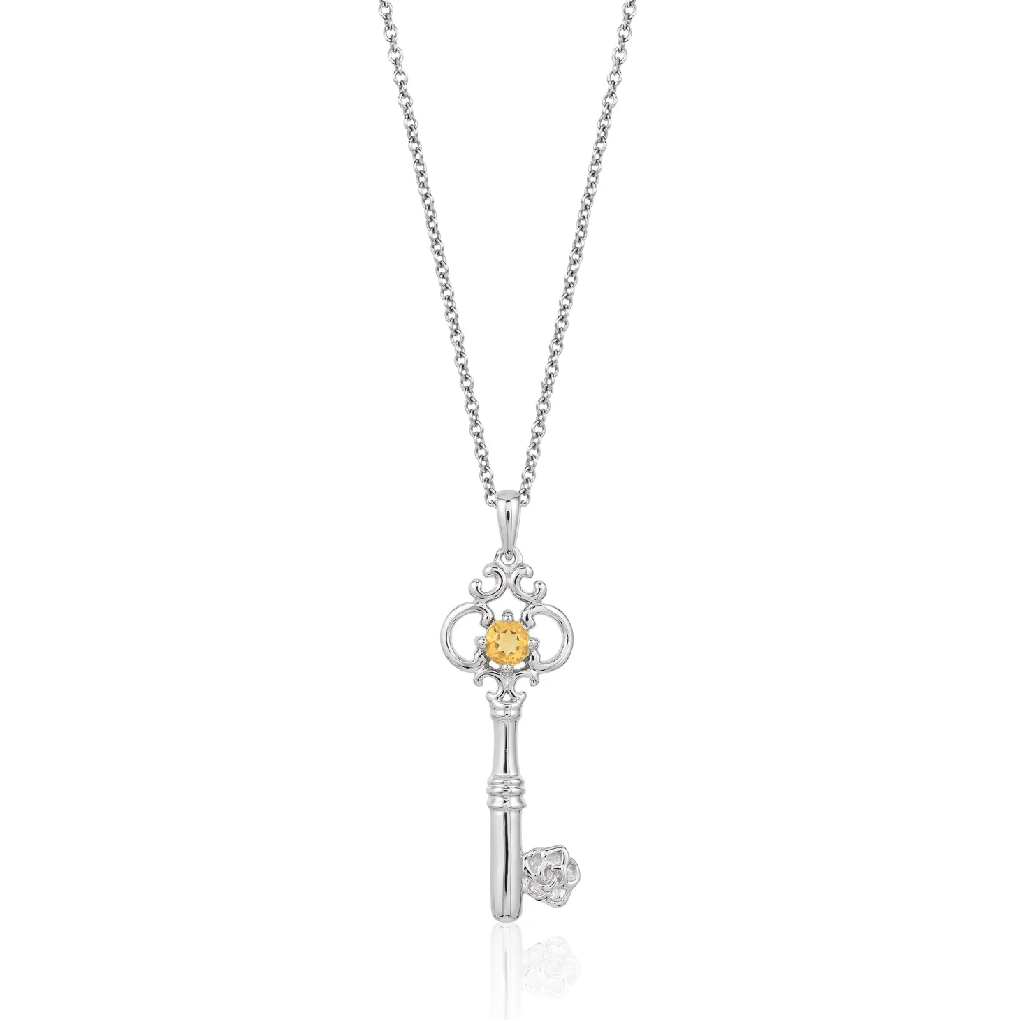 Enchanted Disney Fine Jewelry Sterling Silver with Citrine Belle Key Pendant Necklace