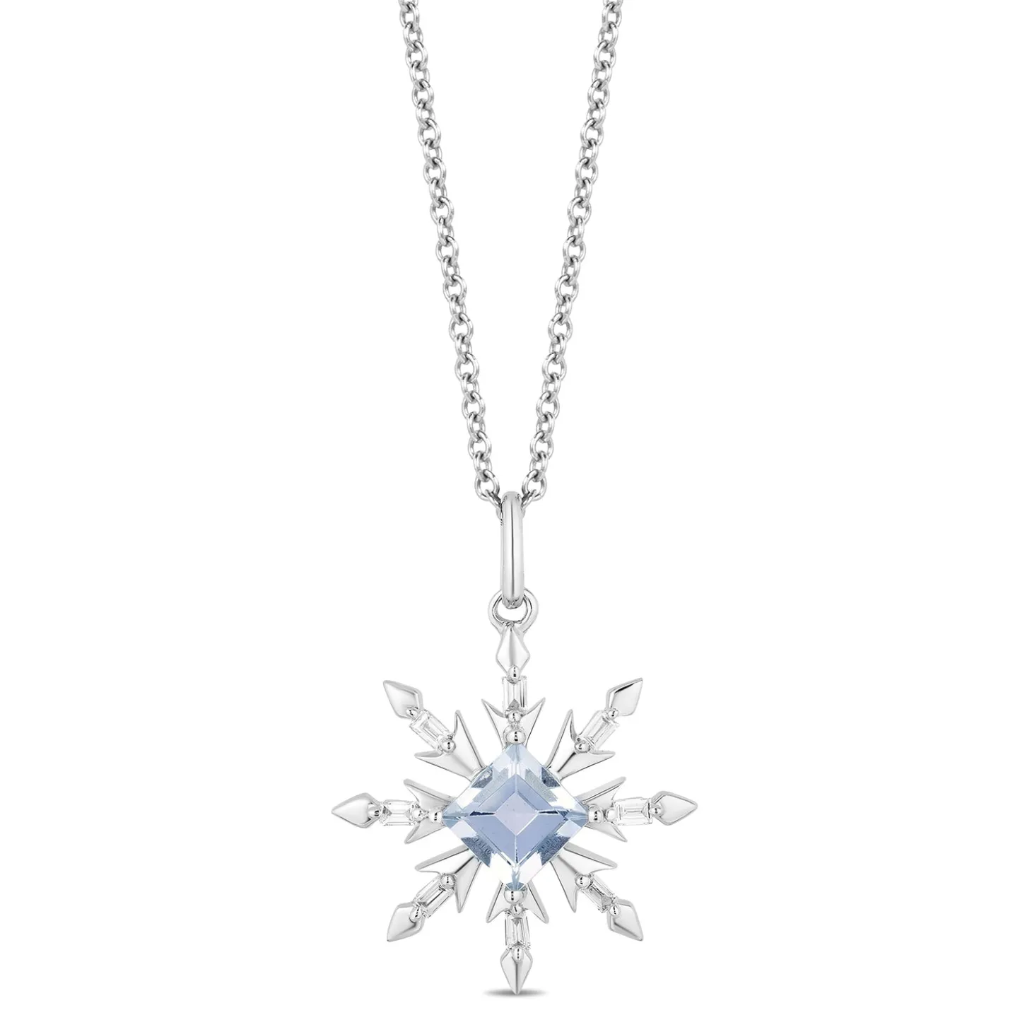 Enchanted Disney Fine Jewelry Sterling Silver with 1/10 CTTW Diamond and Aquamarine Elsa Snowflake Pendant Necklace