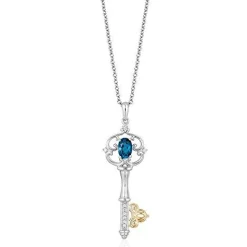 Enchanted Disney Fine Jewelry Sterling Silver and 10K Yellow Gold with 1/20 CTTW Diamond and London Blue Topaz Cinderella Key Pendant Necklace
