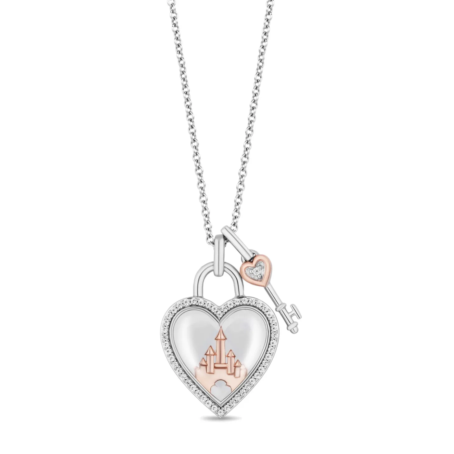Enchanted Disney Fine Jewelry Celebration Sterling Silver and 10K Rose Gold with 1/6 CTTW Diamond and White Transparent Quartz Heart and Key Majestic Princess Pendant Necklace