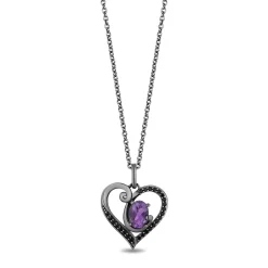 Enchanted Disney Fine Jewelry Black Rhodium Over Sterling Silver With 1/5 CTTW Black Diamond and Amethyst Ursula Heart Pendant Necklace