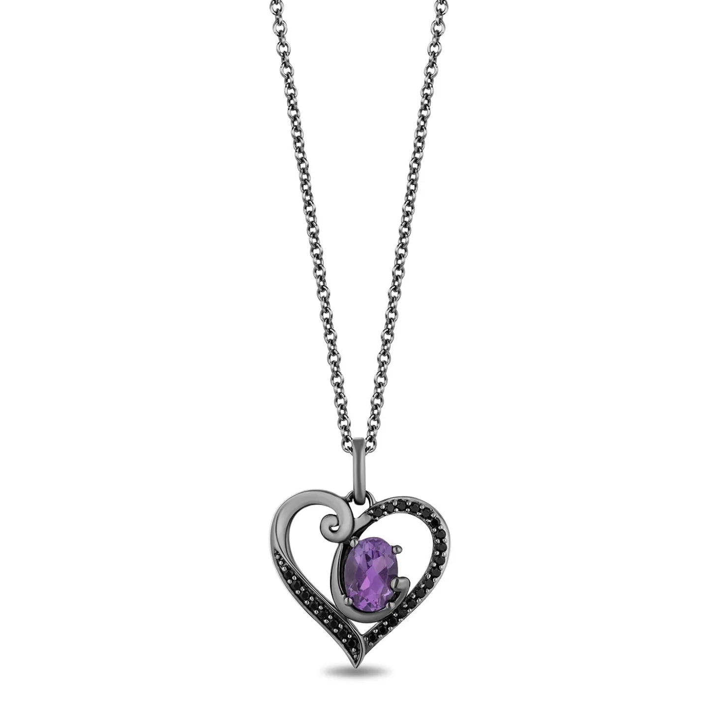 Enchanted Disney Fine Jewelry Black Rhodium Over Sterling Silver With 1/5 CTTW Black Diamond and Amethyst Ursula Heart Pendant Necklace