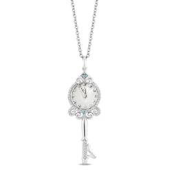 Enchanted Disney Fine Jewelry Sterling Silver with 1/10 CTTW Diamonds and London Blue Topaz and Mother of Pearl Cinderella 70th Anniversary Key Pendant Necklace