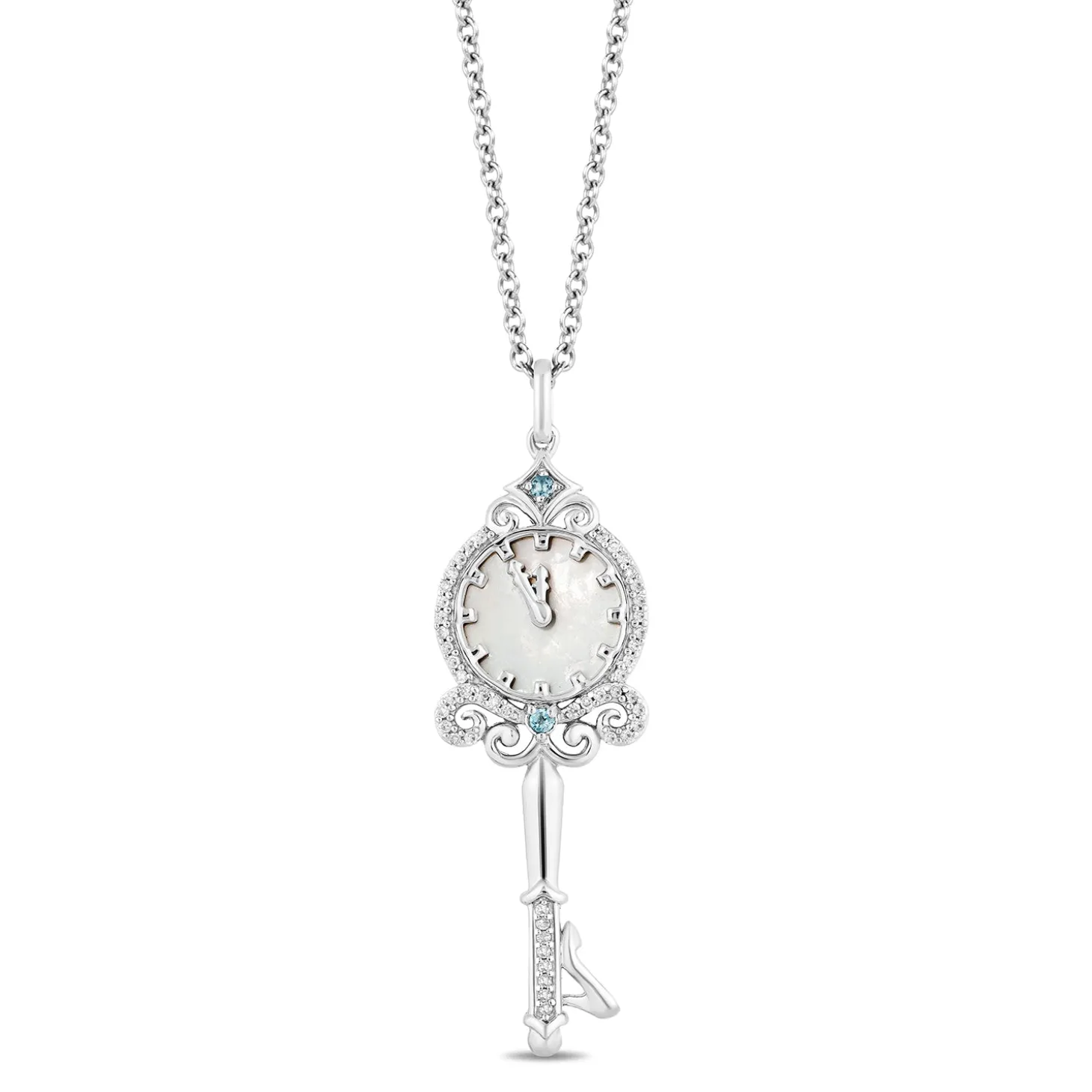 Enchanted Disney Fine Jewelry Sterling Silver with 1/10 CTTW Diamonds and London Blue Topaz and Mother of Pearl Cinderella 70th Anniversary Key Pendant Necklace