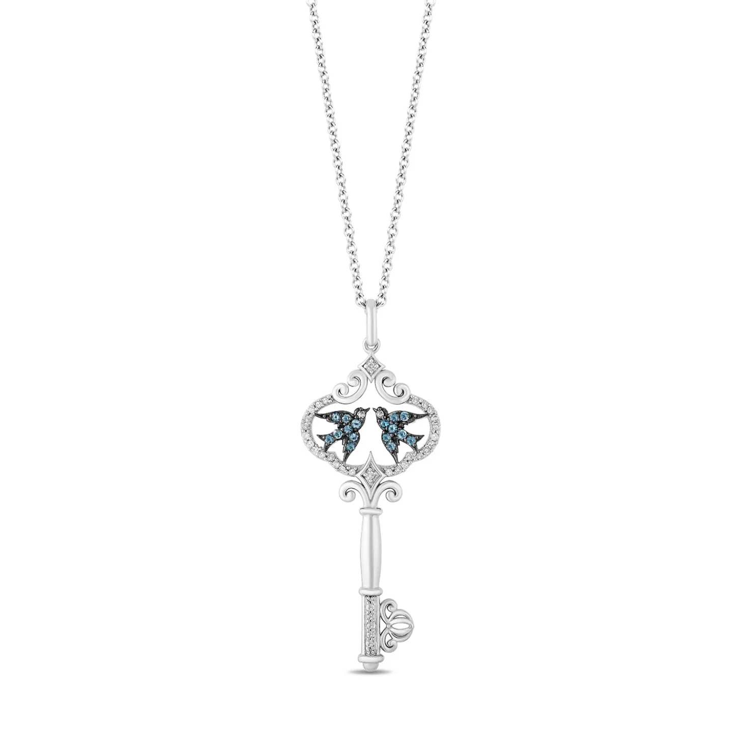 Enchanted Disney Fine Jewelry Sterling Silver with 1/10 CTTW Diamond and London Blue Topaz Cinderella 70th Anniversary Key Pendant Necklace