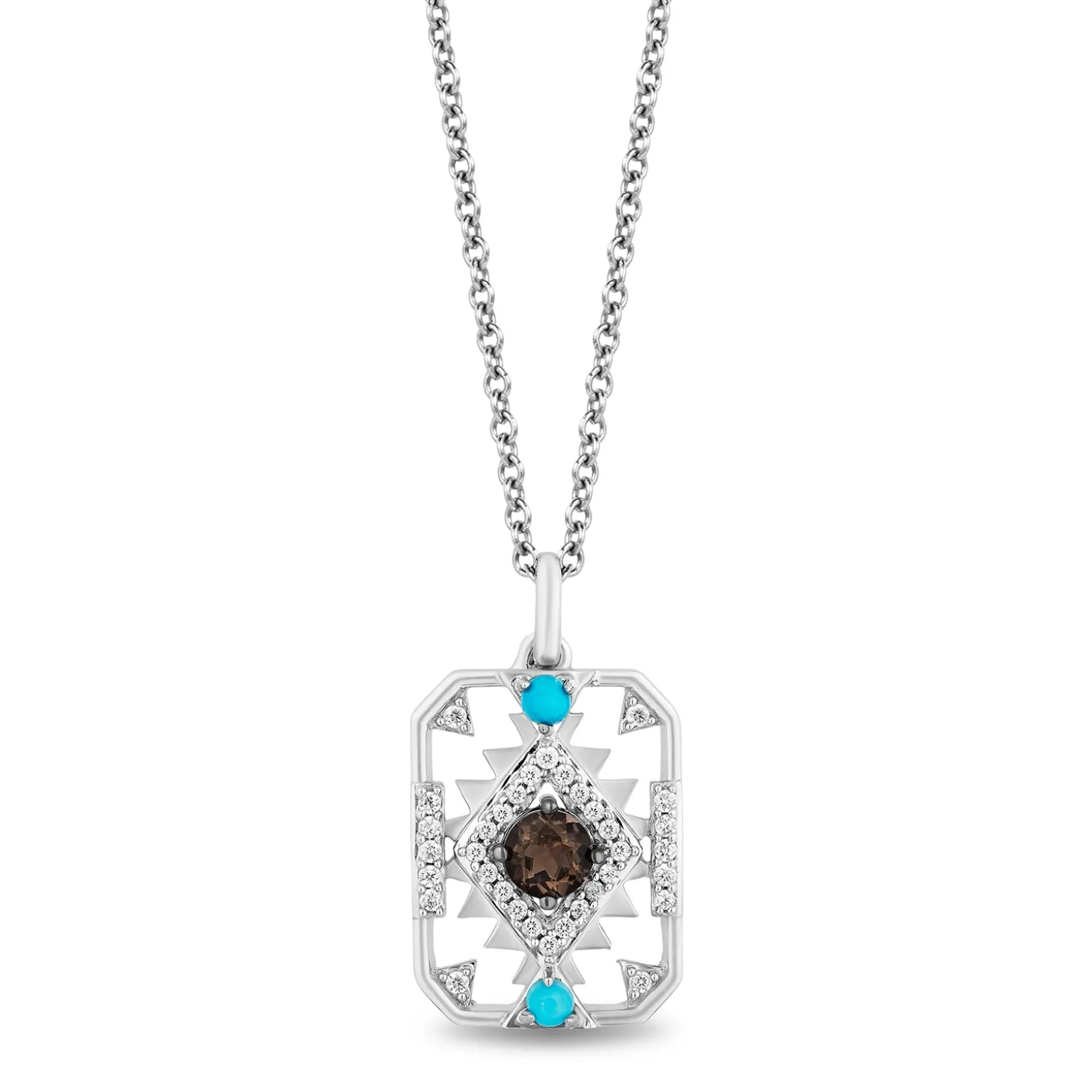 Enchanted Disney Fine Jewelry Sterling Silver with 1/8 CTTW Diamond with Smokey Quartz and Turquoise Pocahontas Pendant Necklace