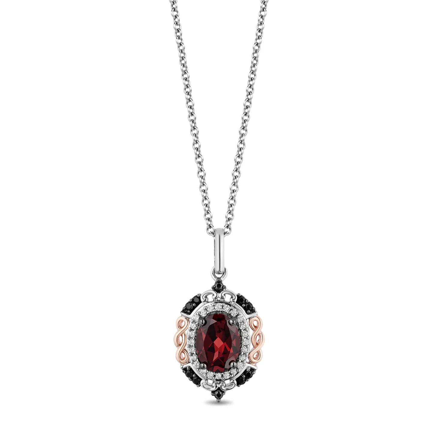 Enchanted Disney Fine Jewelry Sterling Silver and 10K Rose Gold with 1/5 CTTW Black and White Diamond with Red Garnet Evil Queen Pendant Necklace