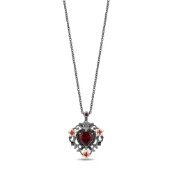 Enchanted Disney Fine Jewelry Black Rhodium over Sterling Silver and 10K Rose Gold with 1/5 CTTW Black Diamond and Red Garnet Snow White 85th Anniversary Collector’s Edition Evil Queen Pendant Necklace