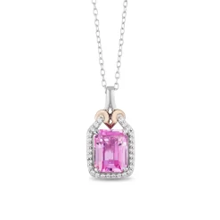 Enchanted Disney Fine Jewelry Sterling Silver and 10K Rose Gold with 1/6 CTTW Diamond and Created Pink Sapphire Aurora Pendant Necklace
