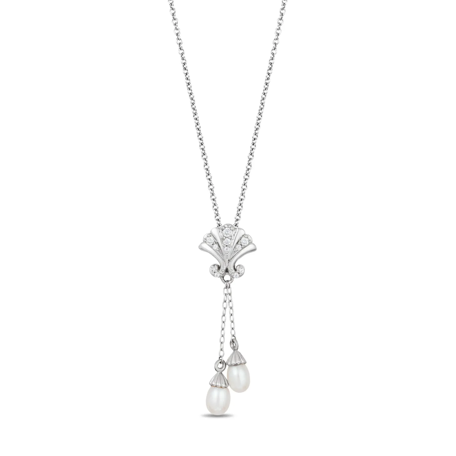 Enchanted Disney Fine Jewelry Sterling Silver with 1/10 CTTW Diamond and Pearl Ariel Shell Pendant Necklace