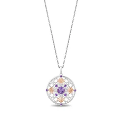 Enchanted Disney Fine Jewelry Sterling Silver and 10k Rose Gold with 1/10 CTTW Diamond and Amethyst Ariel Medallion Shell Pendant Necklace