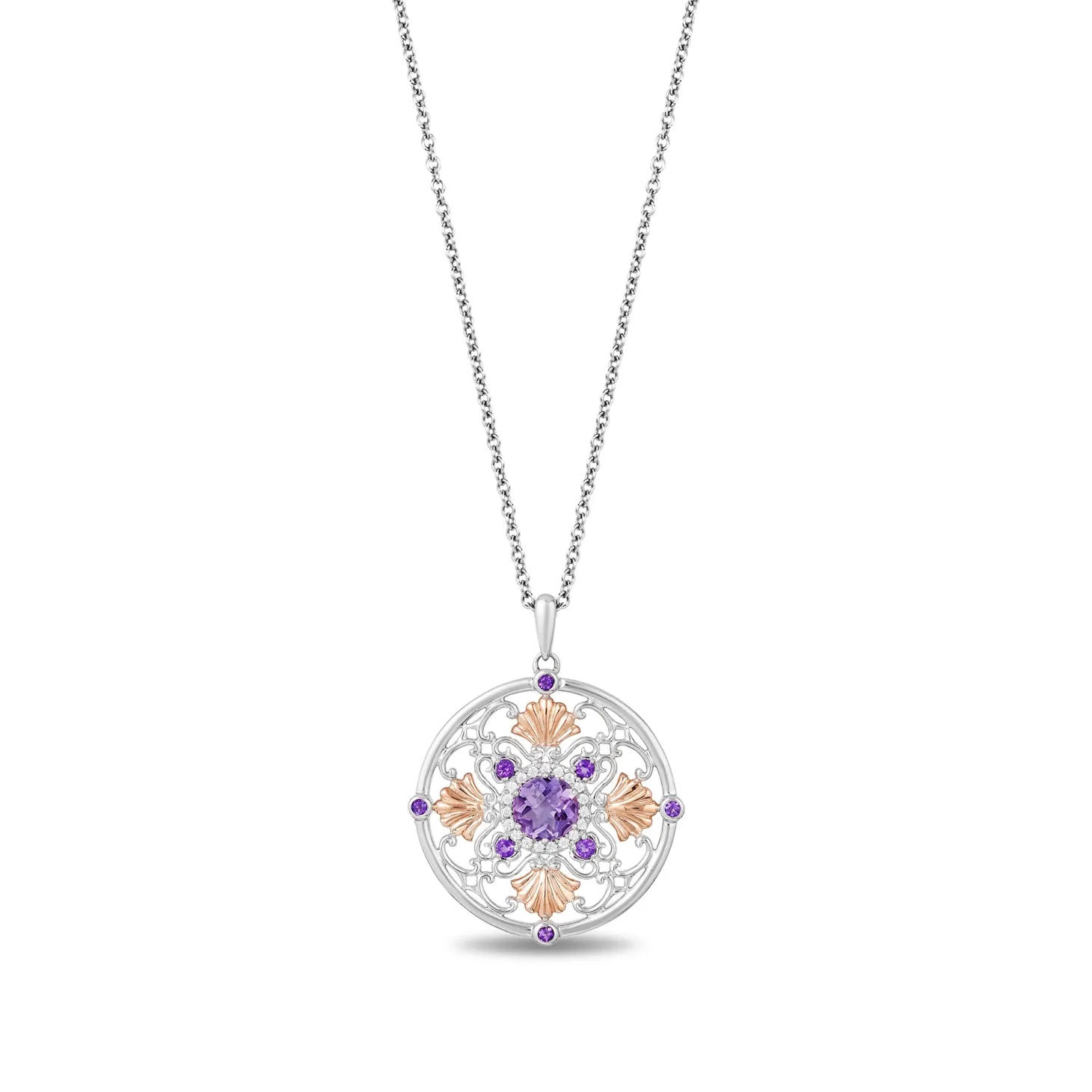 Enchanted Disney Fine Jewelry Sterling Silver and 10k Rose Gold with 1/10 CTTW Diamond and Amethyst Ariel Medallion Shell Pendant Necklace