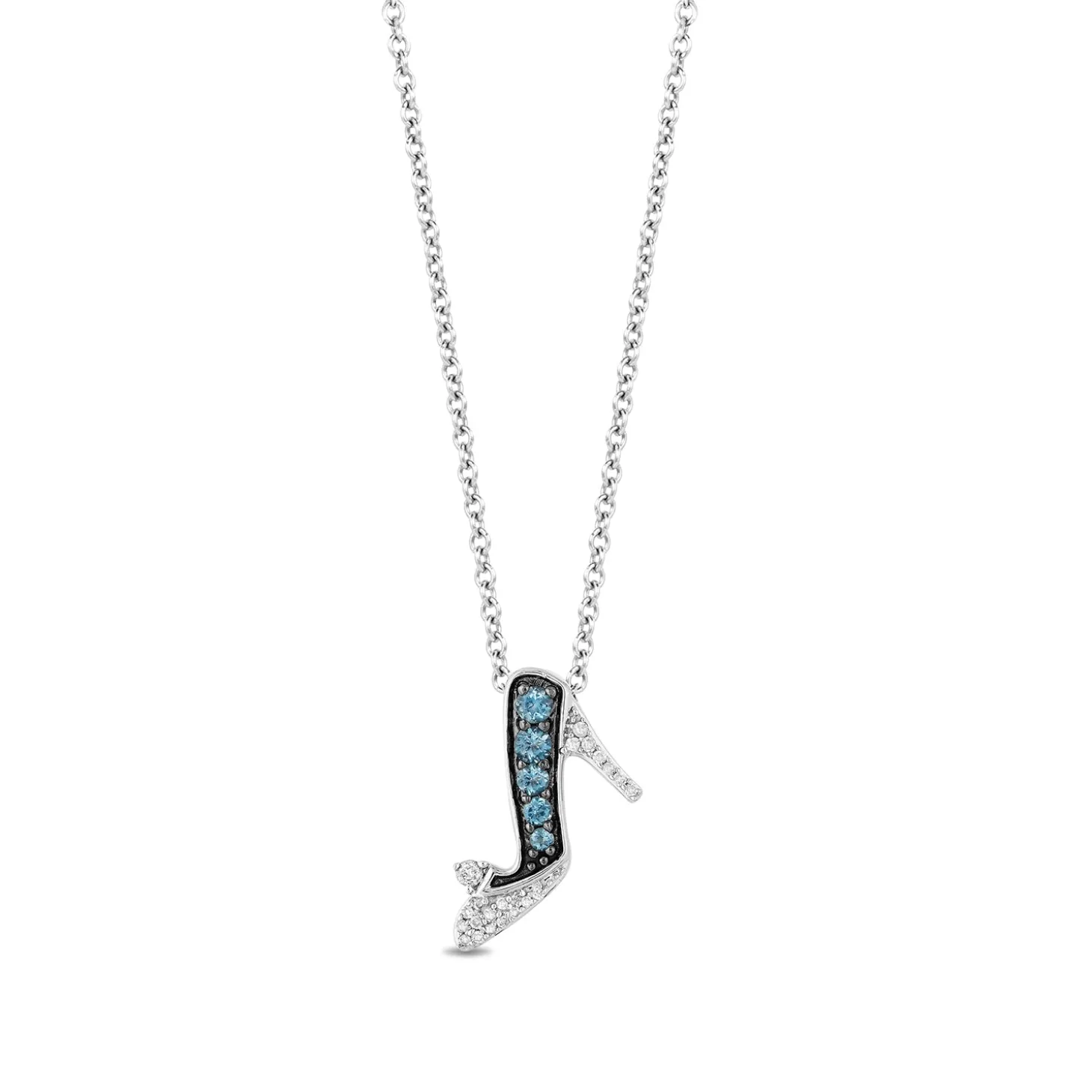 Enchanted Disney Fine Jewelry Sterling Silver with 1/20 CTTW Diamonds and London Blue Topaz Cinderella 70th Anniversary Slipper Pendant Necklace