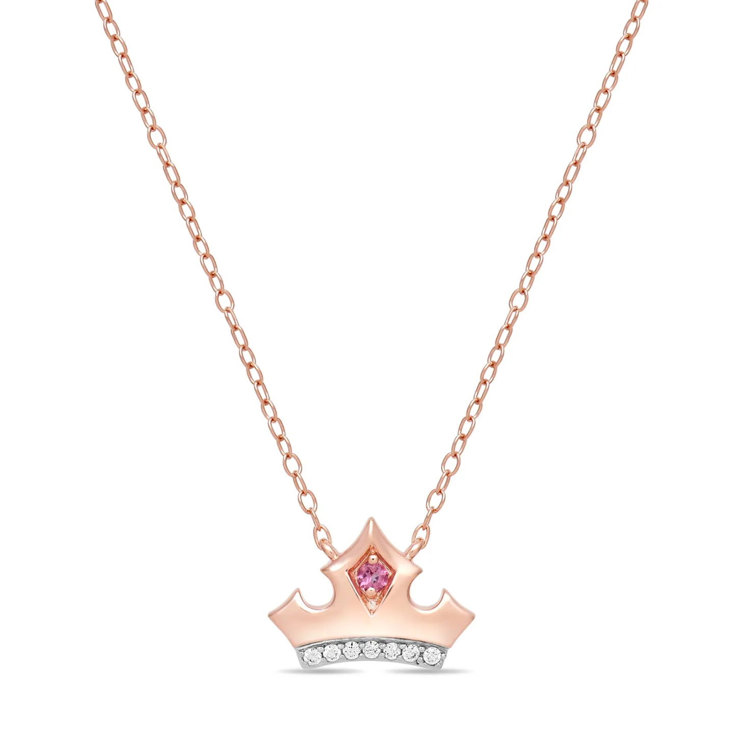 Enchanted Disney Fine Jewelry 10K Rose Gold with 1/20 CTTW Diamond and Pink Topaz Aurora Tiara Necklace
