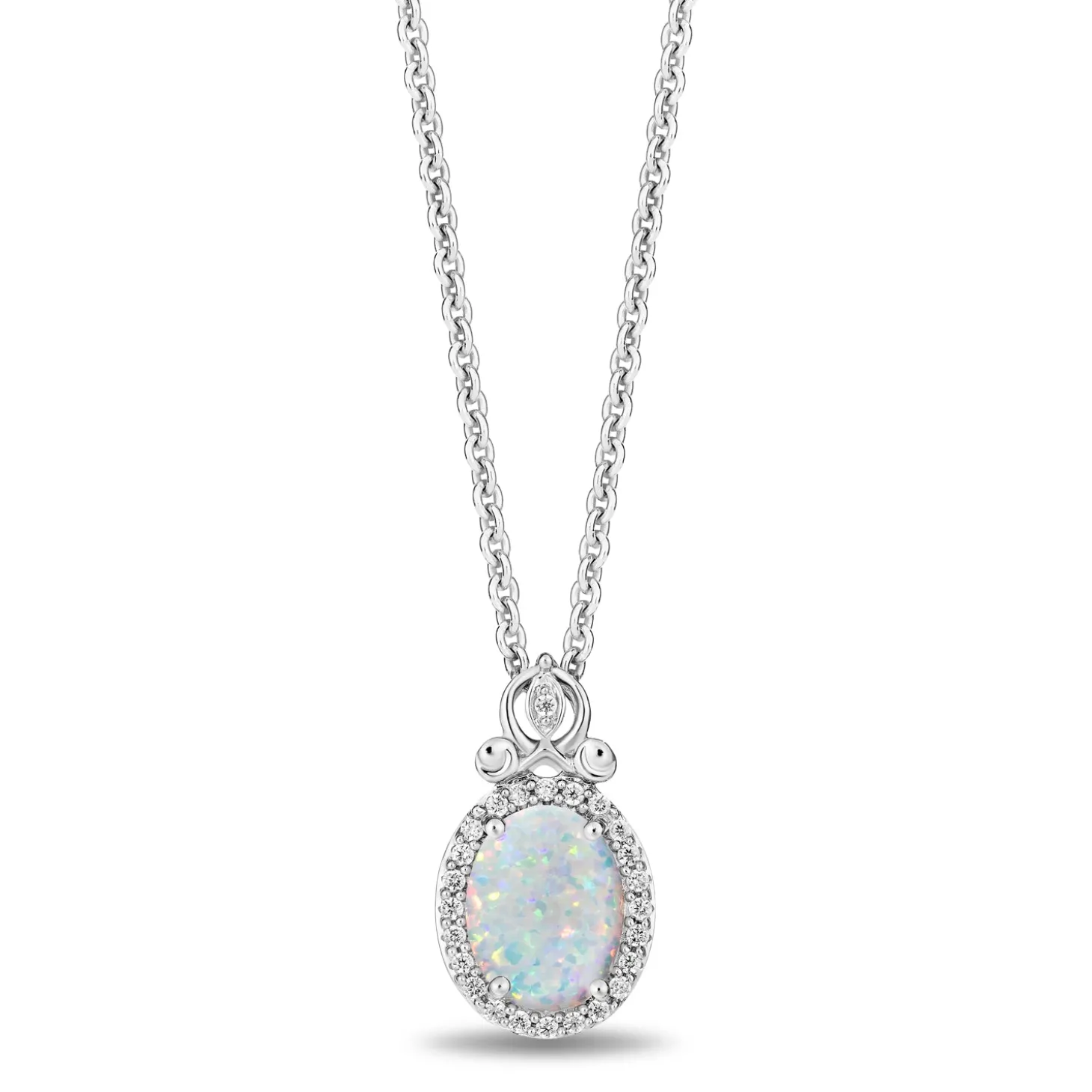 Enchanted Disney Fine Jewelry Sterling Silver with 1/10 CTTW Diamond and Created Opal Cinderella Pendant Necklace
