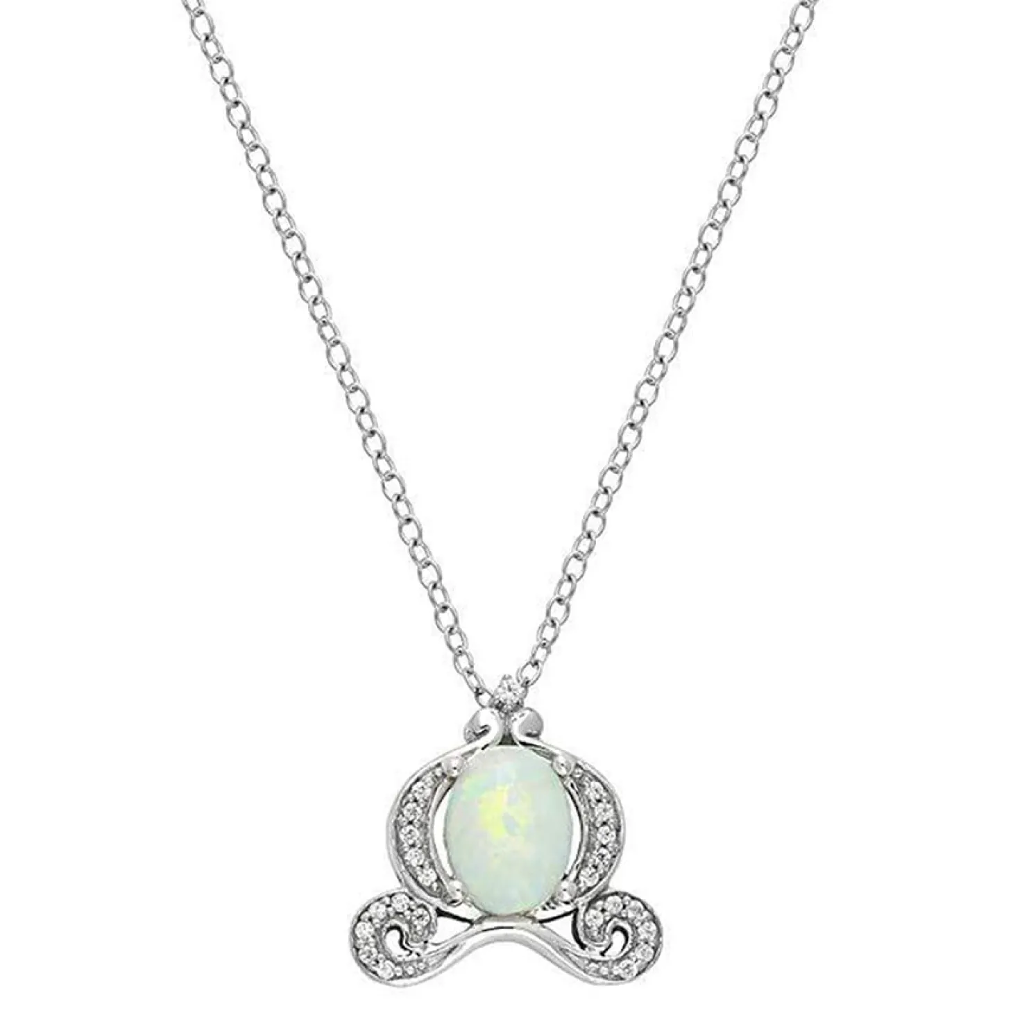 Enchanted Disney Fine Jewelry Sterling Silver with 1/10 CTTW Diamond and Created Multicolored Opal Cinderella Pendant Necklace