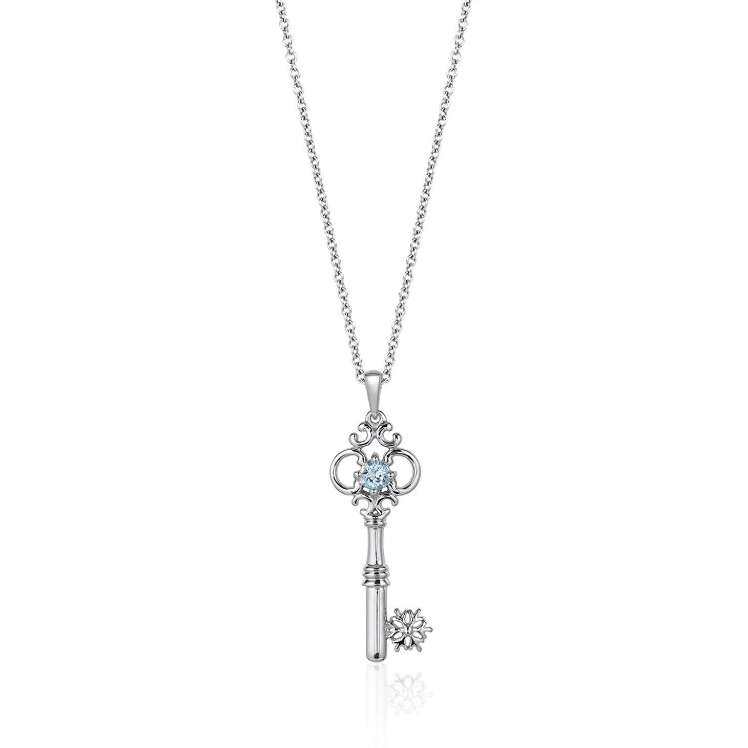 Enchanted Disney Fine Jewelry Sterling Silver with Diamond Accent and Aquamarine Elsa Snowflake Key Pendant Necklace