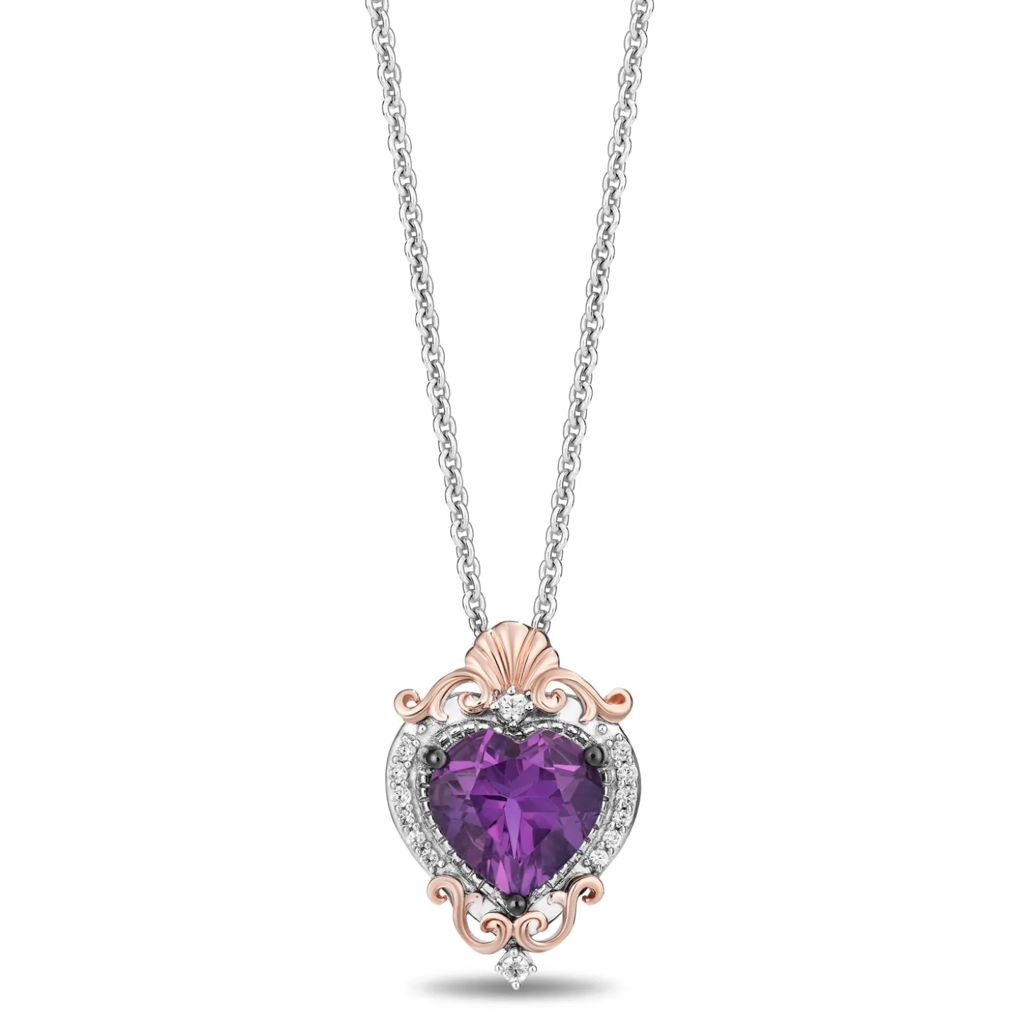 Enchanted Disney Fine Jewelry Sterling Silver and 10K Rose Gold with 1/10 CTTW. Diamonds and Heart Amethyst Ariel Pendant Necklace