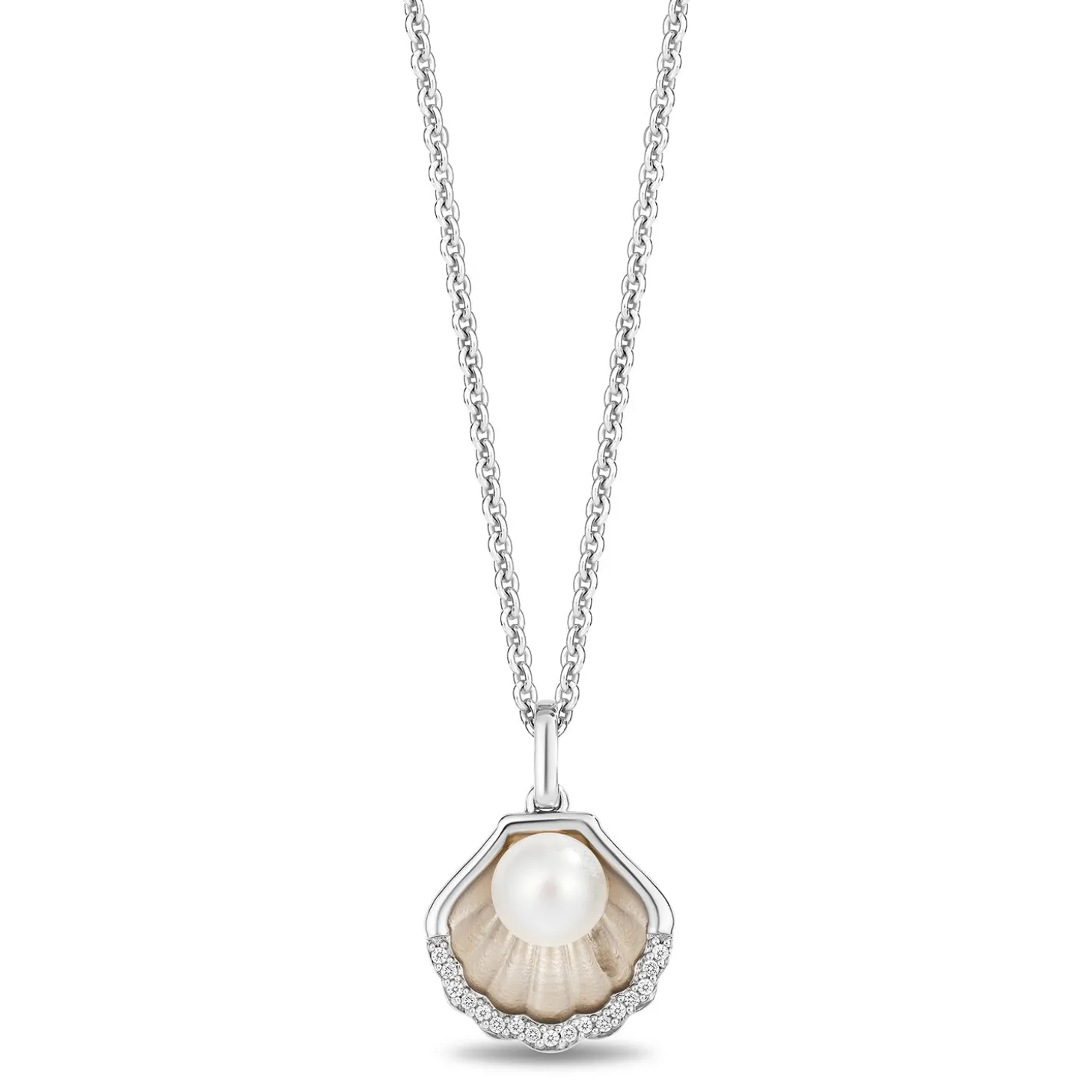 Enchanted Disney Fine Jewelry Sterling Silver with 1/20 CTTW Diamonds and Pearl Ariel Shell Pendant Necklace