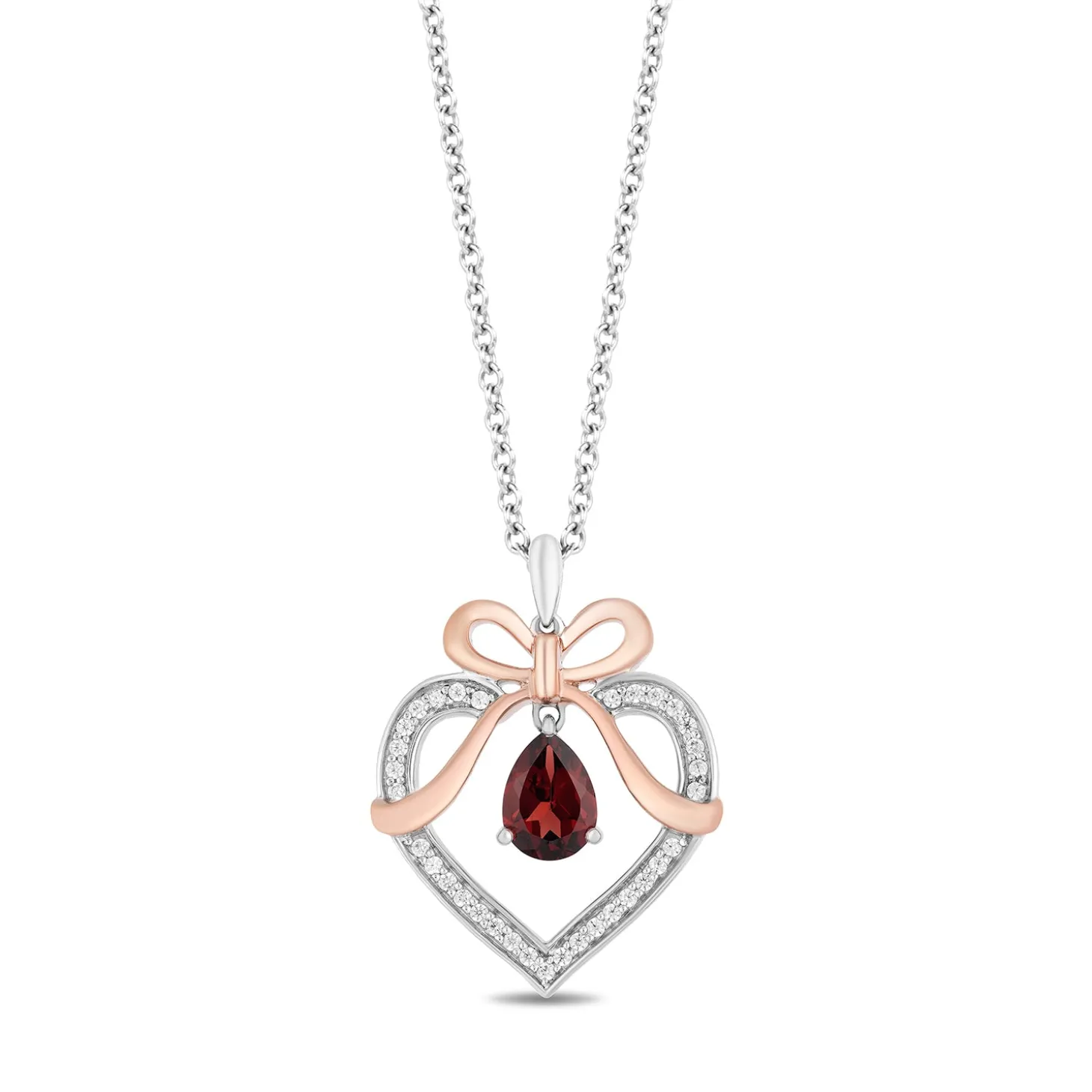 Enchanted Disney Fine Jewelry Sterling Silver And 10K Rose Gold with 1/6 CTTW Diamond and Red Garnet Snow White Pendant Necklace