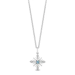 Enchanted Disney Fine Jewelry Sterling Silver Tapper Baguette and Round 1/20 CTTW Diamonds With Swiss Blue Topaz Elsa Pendant Necklace