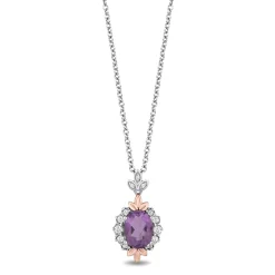 Enchanted Disney Fine Jewelry Sterling Silver and 10K Rose Gold 1/6 CTTW Diamond and Rose De France Rapunzel Drop Pendant Necklace