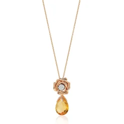 Enchanted Disney Fine Jewelry 14K Rose Gold with 1/20 CTTW Diamond and Citrine Belle Rose Composite Pendant Necklace