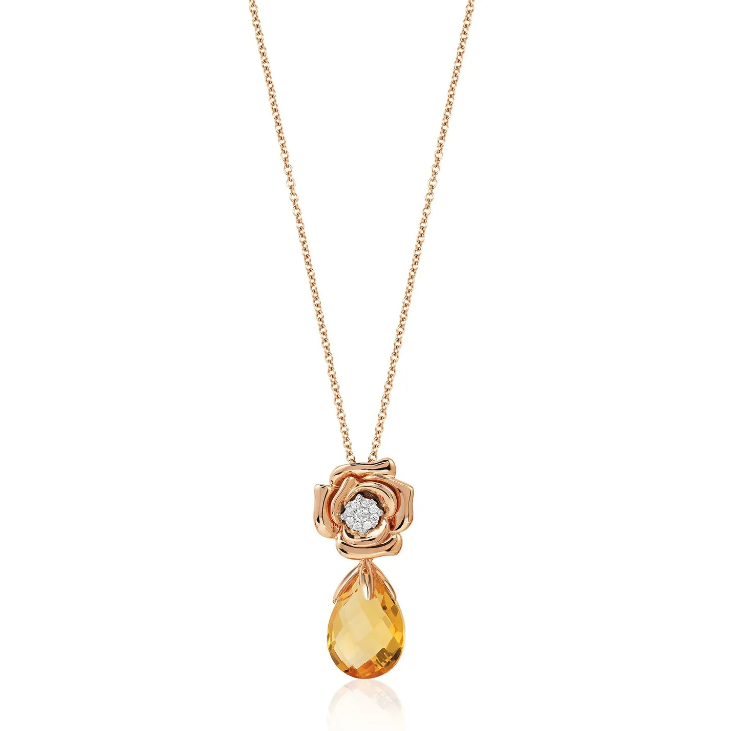 Enchanted Disney Fine Jewelry 14K Rose Gold with 1/20 CTTW Diamond and Citrine Belle Rose Composite Pendant Necklace