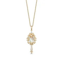 Enchanted Disney Fine Jewelry 14K Yellow Gold 1/10 CTTW Diamond with Mother of Pearl Belle Mirror Pendant Necklace