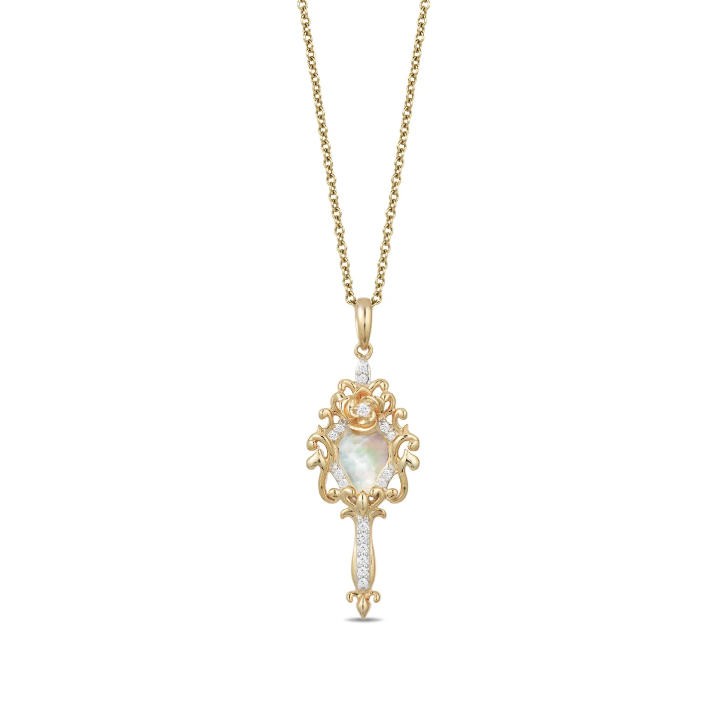 Enchanted Disney Fine Jewelry 14K Yellow Gold 1/10 CTTW Diamond with Mother of Pearl Belle Mirror Pendant Necklace