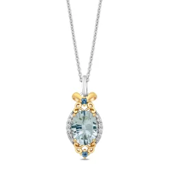 Enchanted Disney Fine Jewelry Sterling Silver and 10K Yellow Gold 1/10 CTTW Diamond with Green Amethyst and London Blue Topaz Stepsisters Pendant Necklace