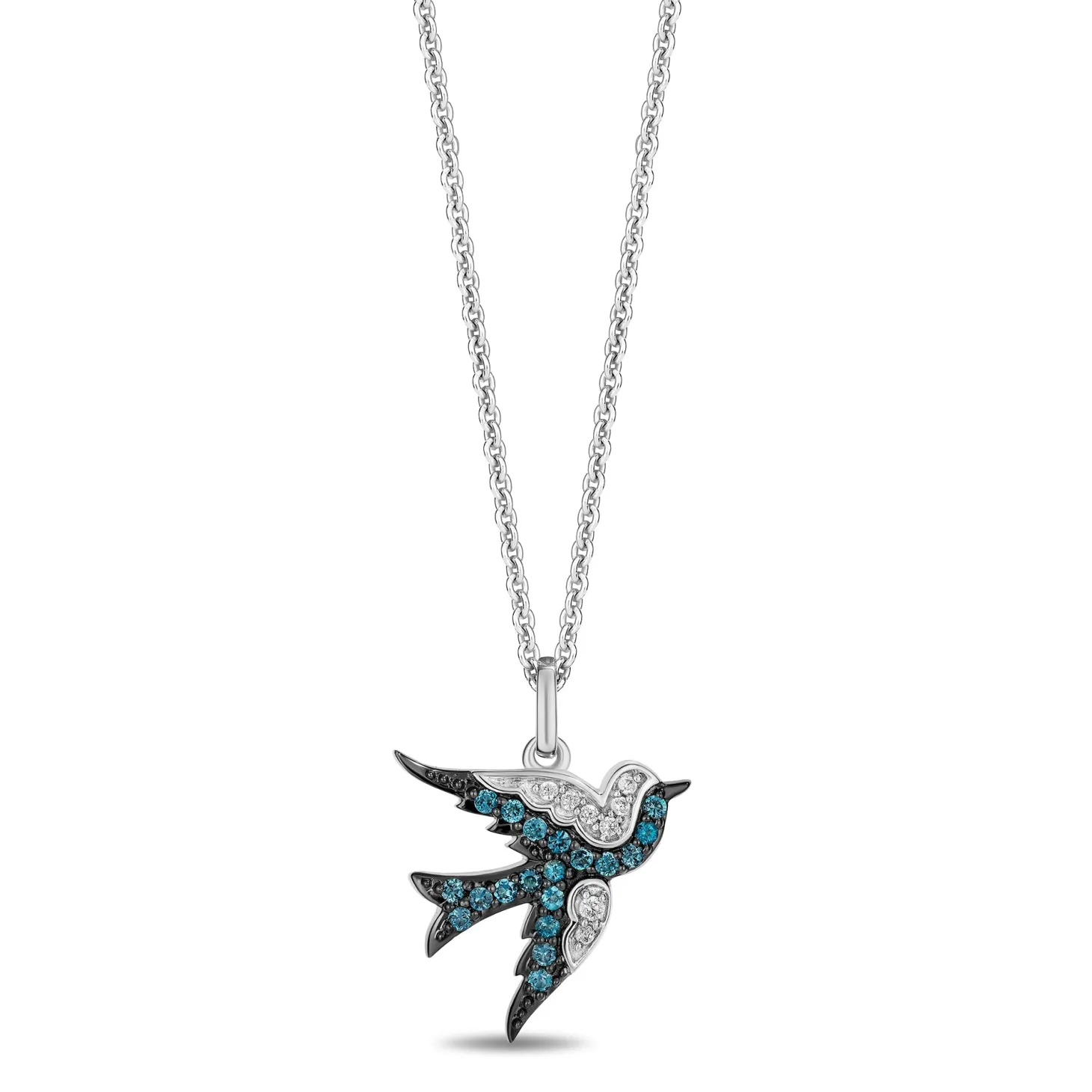 Enchanted Disney Fine Jewelry Sterling Silver with 1/20 CTTW Diamonds and London Blue Topaz Cinderella Bird Pendant Necklace