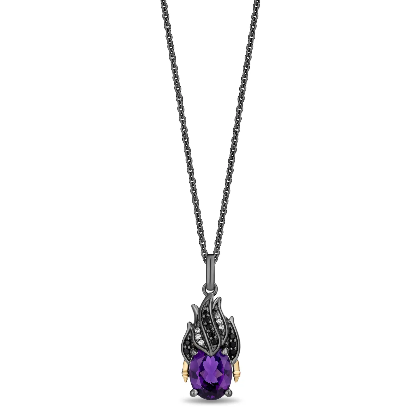Enchanted Disney Fine Jewelry Black Rhodium Over Sterling Silver and 10K Yellow Gold with 1/10 CTTW Diamonds and Amethyst Ursula Necklace