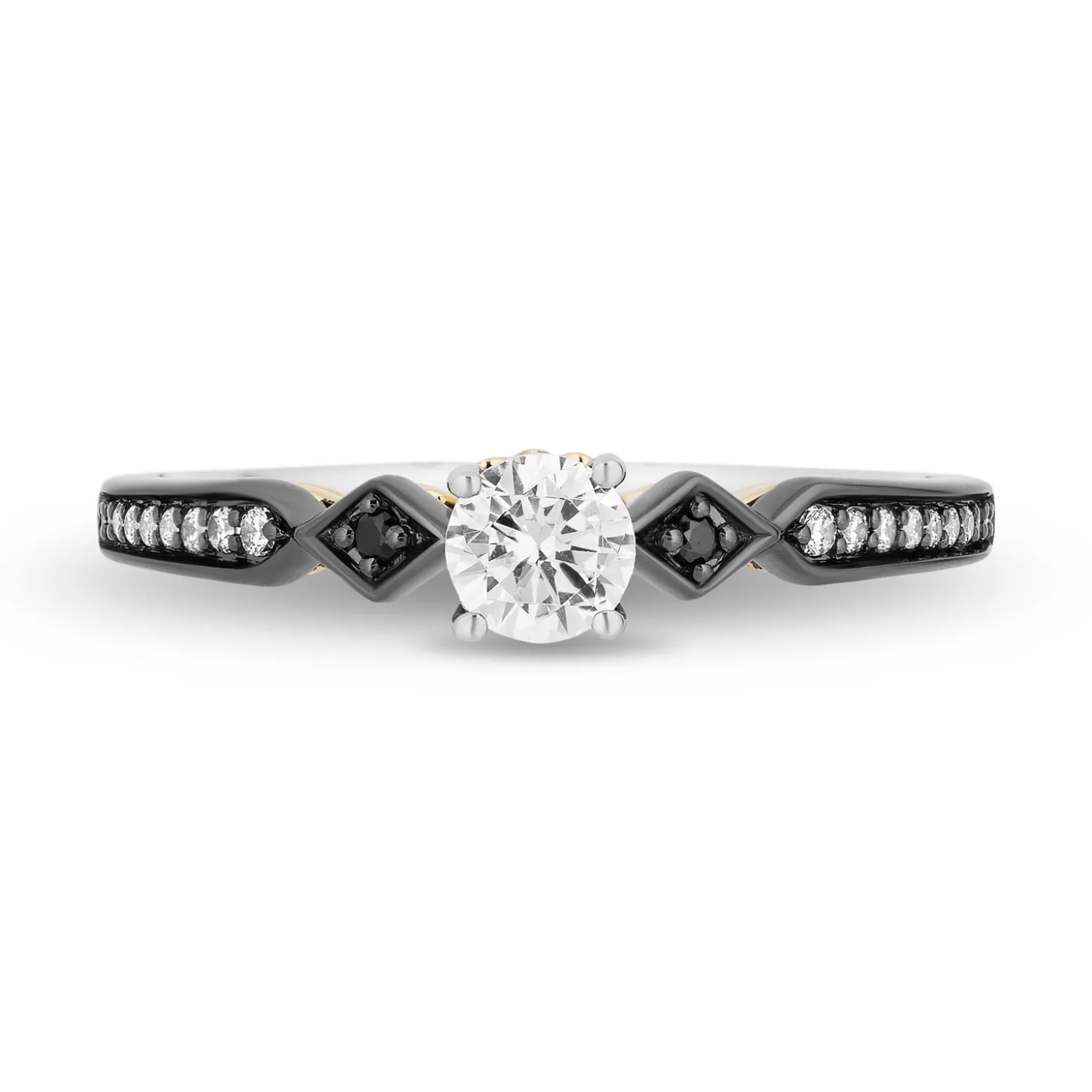 Enchanted Disney Fine Jewelry 14K White Gold and Yellow Gold with Black Rhodium Evil Queen Engagement Ring with 1/2 CT Round Center and 5/8 CTTW Diamonds and Garnet Peek-a-boo Surprise
