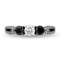 Enchanted Disney Fine Jewelry 14K White Gold with Black Rhodium Ursula Three Stone Engagement ring with Black Diamond Shoulder Stone and 1 1/4 CTTW Diamonds