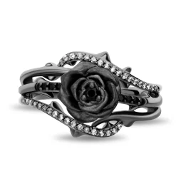Enchanted Disney Fine Jewelry Black Rhodium Over Sterling Silver with 1/5 CTTW Black and White Diamond with Black Onyx Maleficent Ring