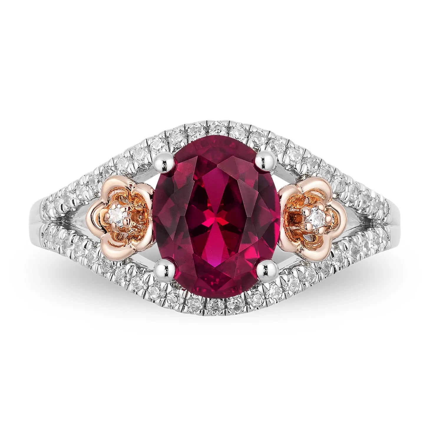Enchanted Disney Fine Jewelry 14K Rose Gold Over Sterling Silver with 1/5 CTTW Diamonds and Rhodolite Garnet Mulan Flower Ring