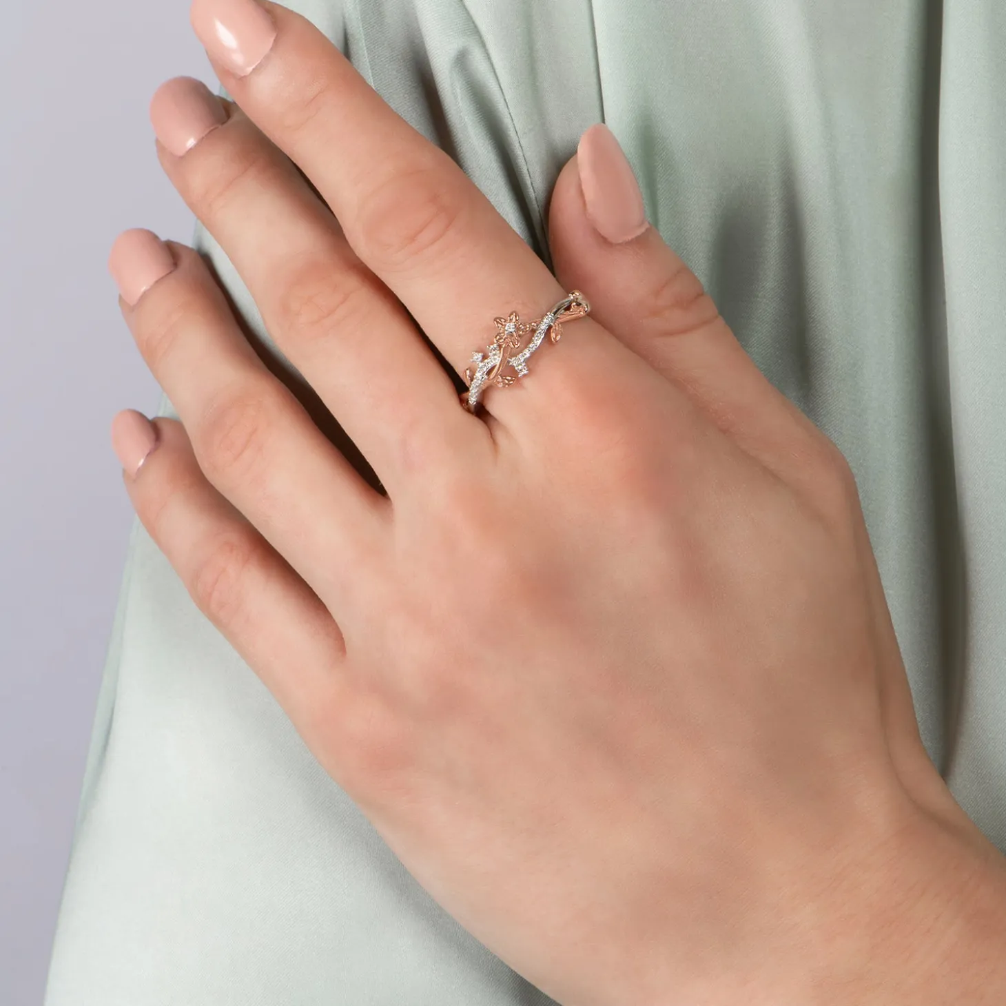 Enchanted Disney Fine Jewelry Sterling Silver and 10K Rose Gold with 1/10 CTTW Diamond Rapunzel Magical Flower Ring