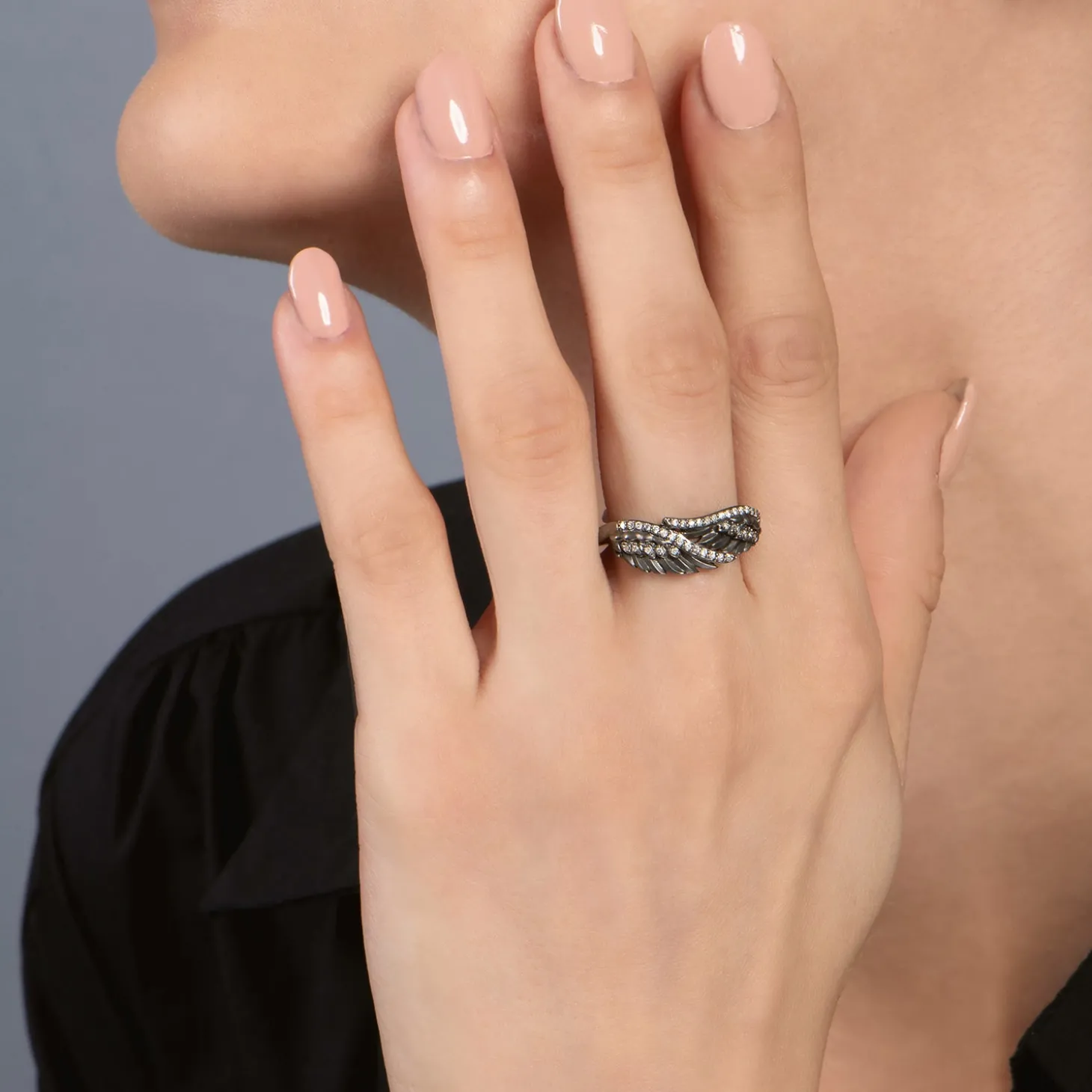 Enchanted Disney Fine Jewelry Sterling Silver with Black Rhodium 1/6 CTTW Maleficent Wings Ring