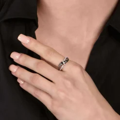 Enchanted Disney Fine Jewelry Black Rhodium over Sterling Silver with 1/6 CTTW Diamond Maleficent Horn Textured Ring