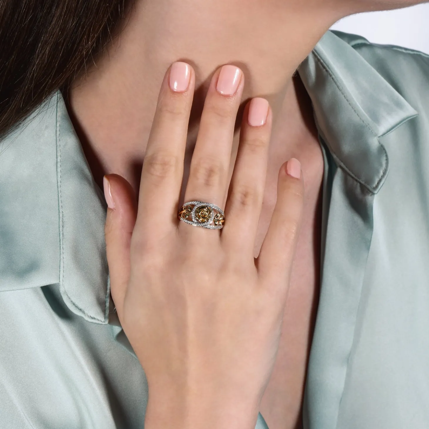 Enchanted Disney Fine Jewelry Sterling Silver and 10K Yellow Gold with 1/5 CTTW Diamond Belle 30th Rose Ring