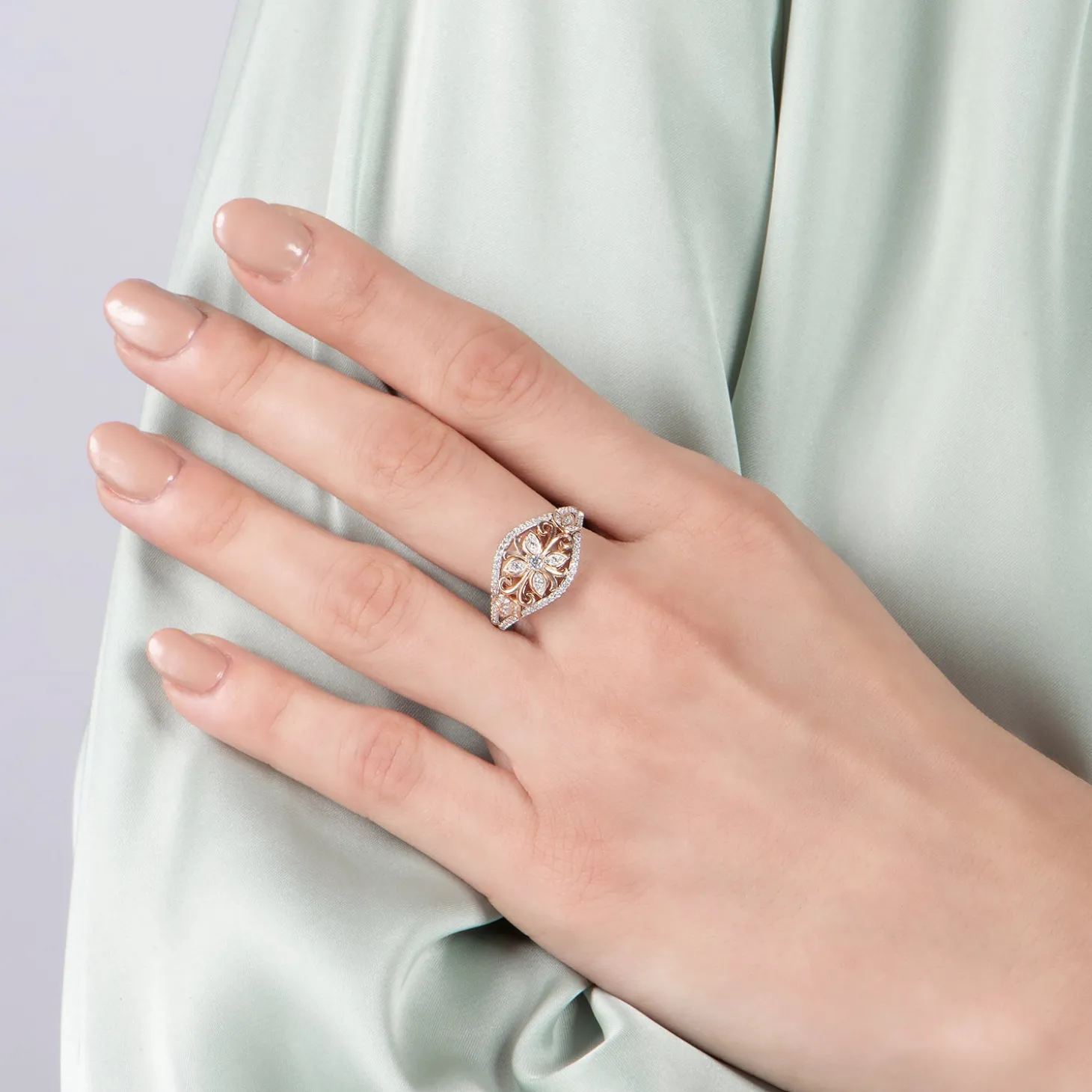 Enchanted Disney Fine Jewelry Sterling Silver and 10K Rose Gold with 1/4 CTTW Jasmine Ring