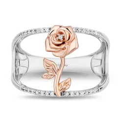 Enchanted Disney Fine Jewelry Sterling Silver and 10K Rose Gold 1/10 CTTW Diamond Belle Rose Wide Ring