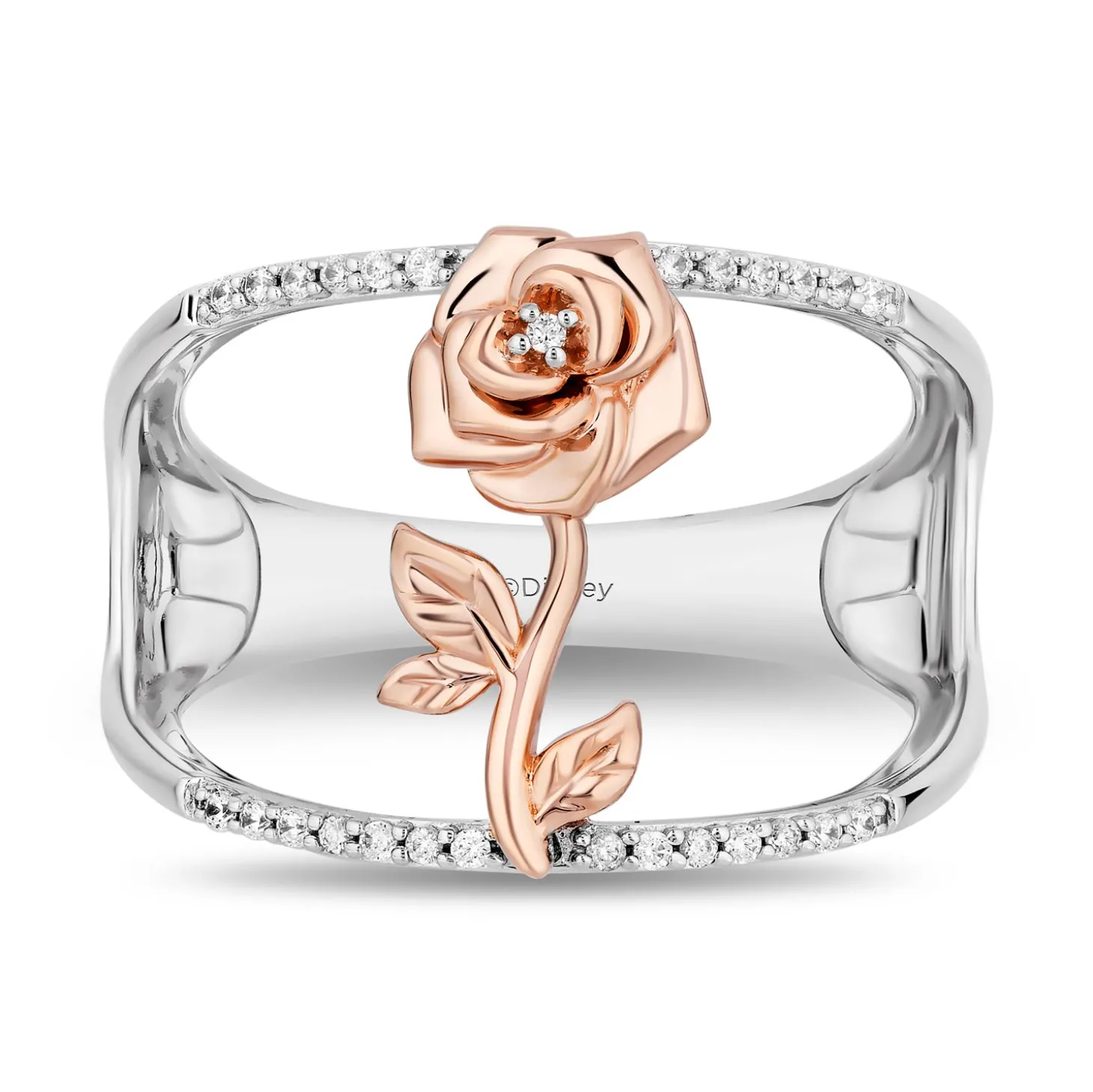Enchanted Disney Fine Jewelry Sterling Silver and 10K Rose Gold 1/10 CTTW Diamond Belle Rose Wide Ring