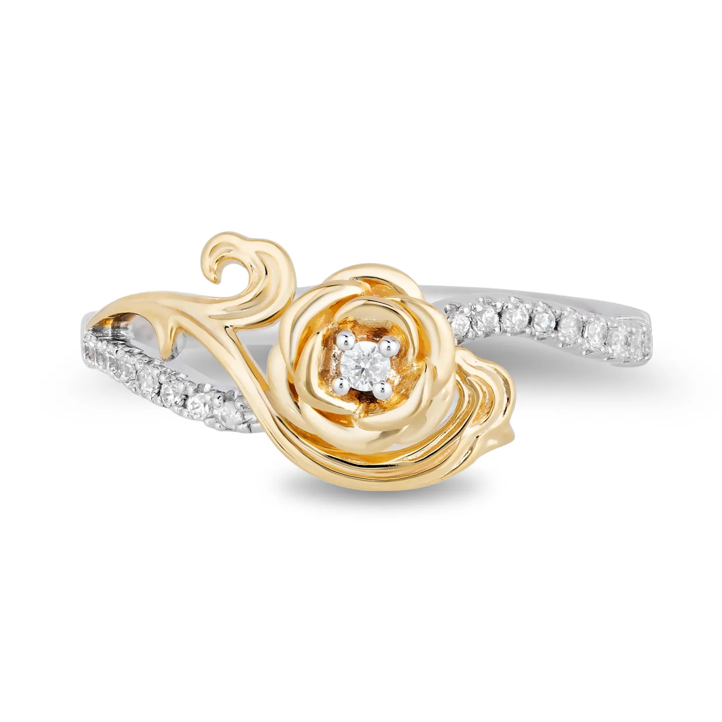 Enchanted Disney Fine Jewelry Sterling Silver and 10K Yellow Gold with 1/6 CTTW Diamonds Belle Rose Ring