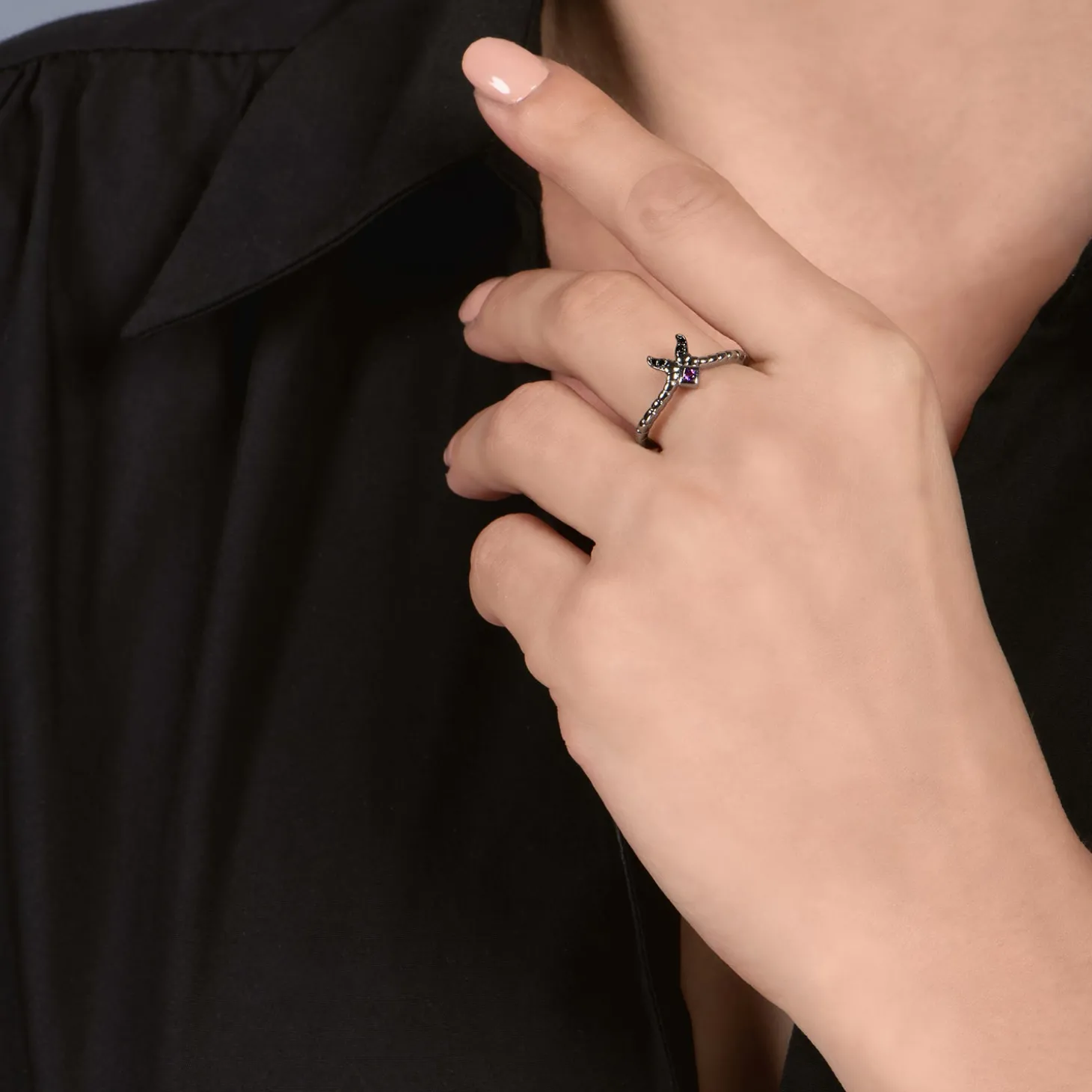 Enchanted Disney Fine Jewelry Black Rhodium Over Sterling Silver Heat Black Diamond Accent And Amethyst Maleficent Villain Ring