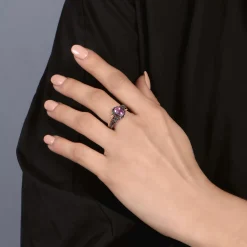 Enchanted Disney Fine Jewelry 14K Rose Gold over Sterling Silver with Black Rhodium with 1/4 CTTW Diamond and Created Pink Sapphire Maleficent Ring