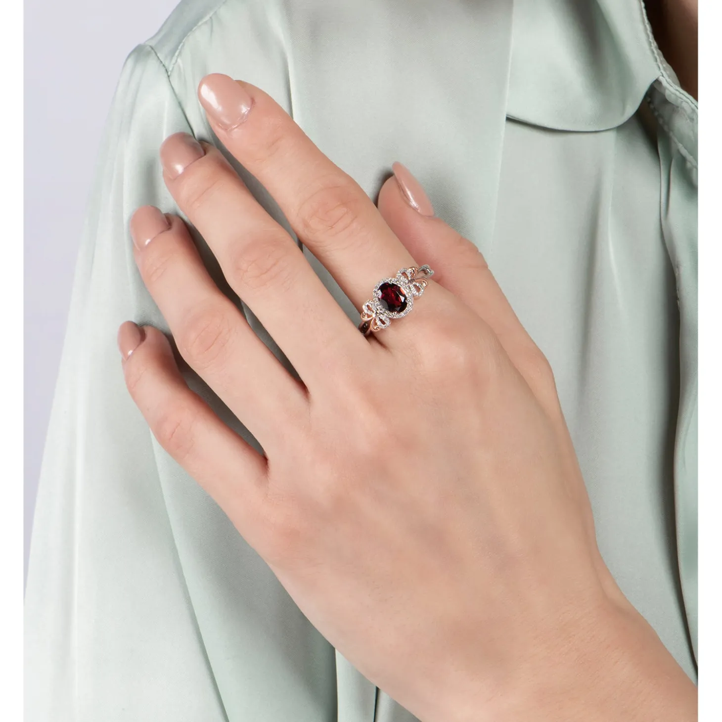 Enchanted Disney Fine Jewelry 14K Rose Gold over Sterling Silver with 1/6 CTTW Diamond and Red Garnet Snow White Bow Ring
