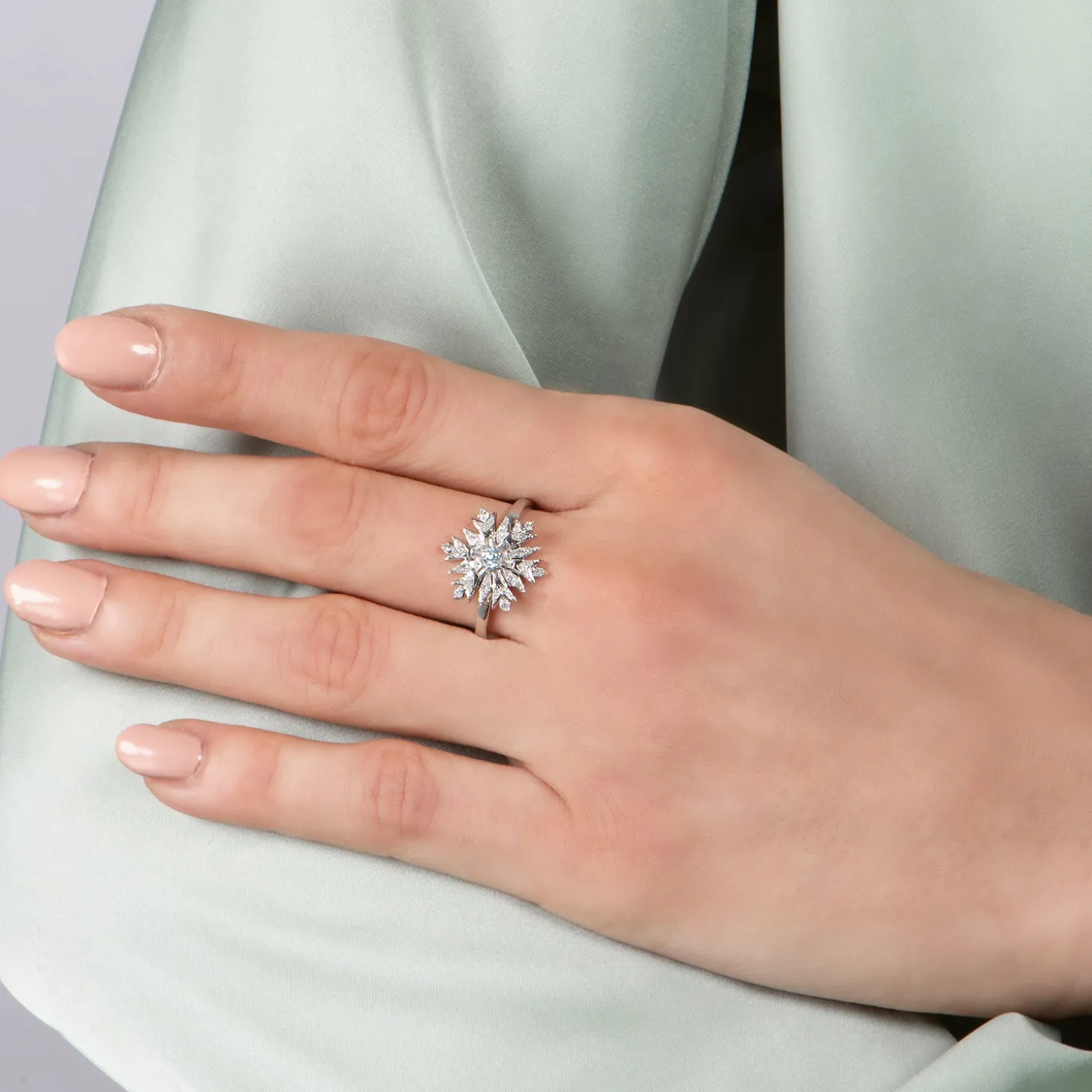 Enchanted Disney Fine Jewelry Sterling Silver with 1/4 CTTW Diamonds and Sky Blue Topaz Elsa Snowflake Ring