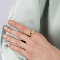 Enchanted Disney Fine Jewelry Sterling Silver and 10K Yellow Gold with 1/10 CTTW Diamond and Yellow Citrine Belle 30th Rose Ring